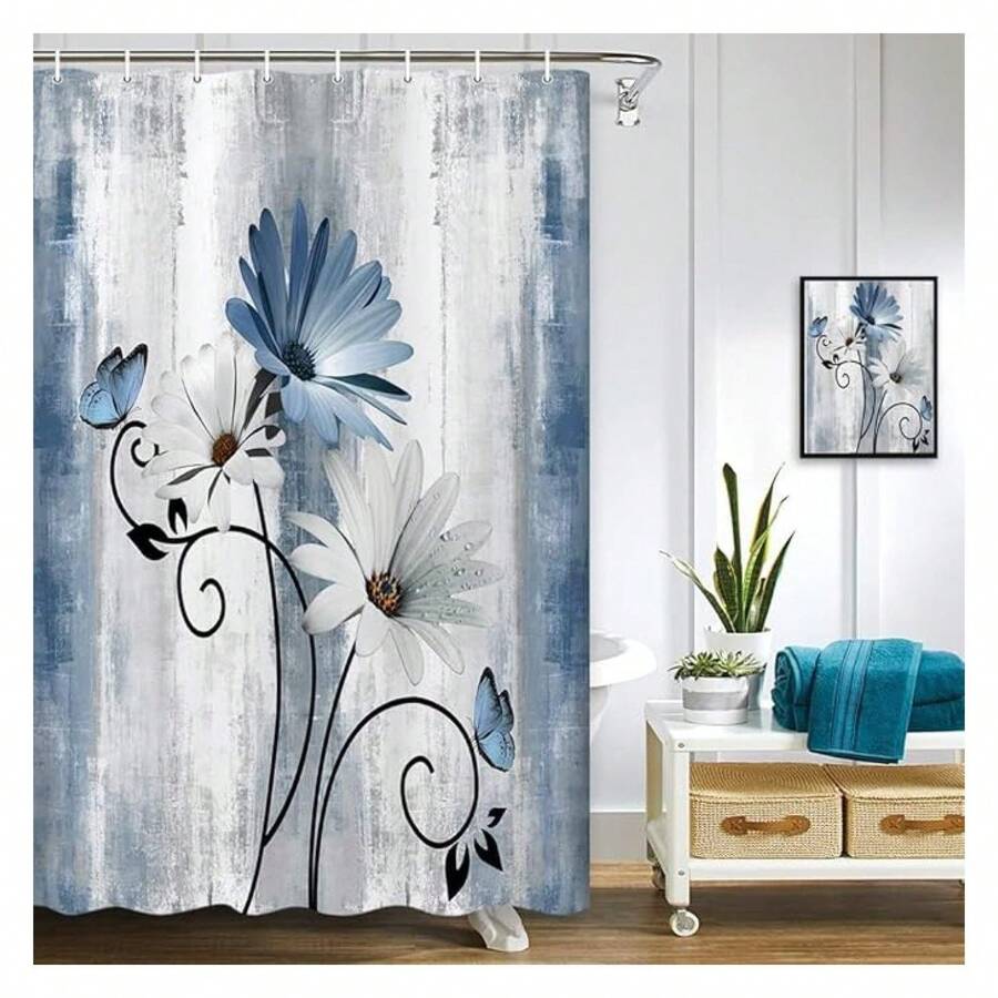 Rustic Farmhouse Shower Curtain, Farm Blue Daisy Floral Flowers And Butterfly On Country Wooden Shower Curtain For Bathroom, Turquoise Blue Bathroom Shower Curtains With 6PCS Hooks, 36X70IN - 多色550 - 查看 1