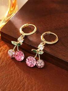 1 par de pendientes o clips para la oreja elegantes con cristales de cereza chapados en oro falso, adecuados para el uso diario o para citas - Multicolor - Ver 11