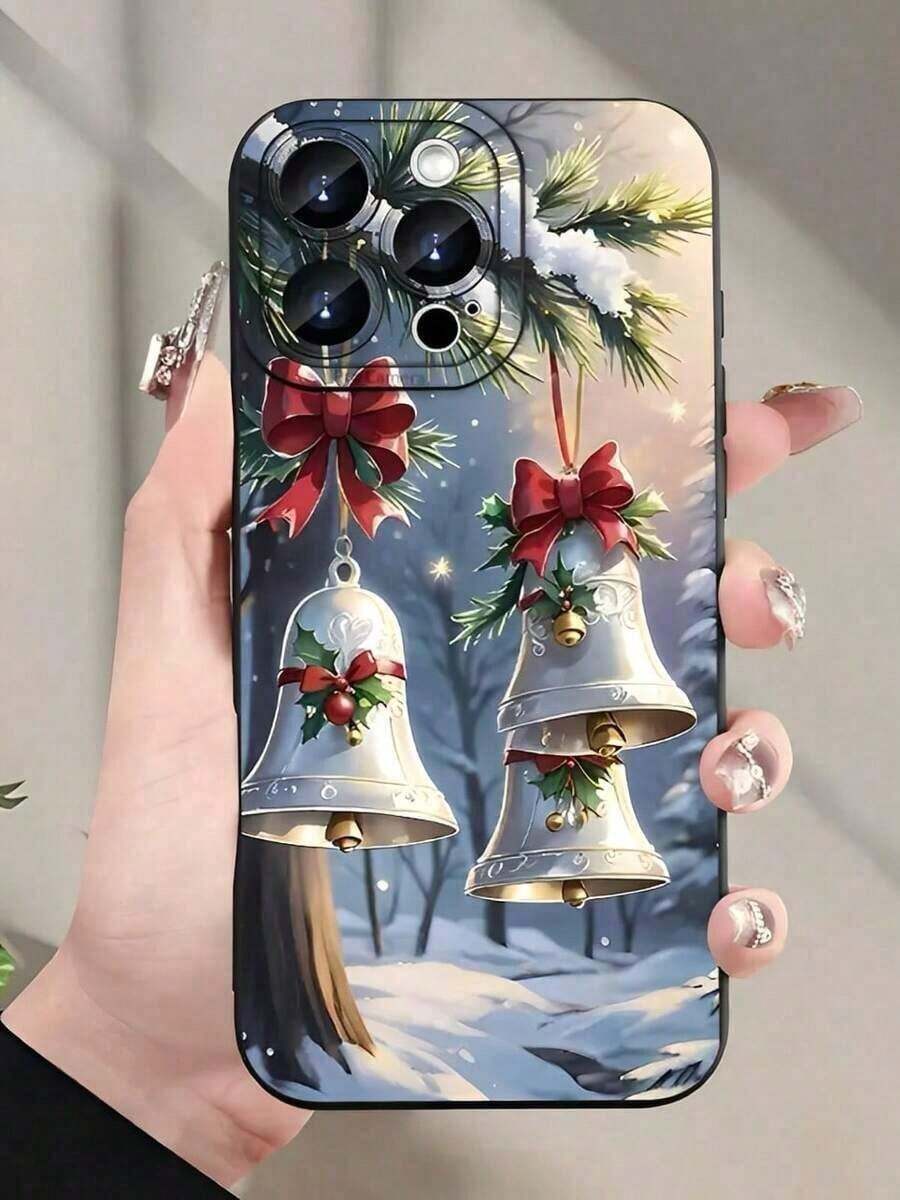 Estuche para teléfono navideño Estuche para teléfono 17 Pro Max E Campanas de Navidad con lazos Teléfono adecuado compatible con 17,17Air, 16, 15, 14, 13, 12, 11, PRO, X, XS, XSMAX, PLUS, así como compatible con S22 / 23/24/25 / Ultra + - Negro - Ver 1