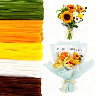 Limpadores de Tubos Multicoloridos, Kit de Limpadores de Tubos Dourados Amarelos, 5 Cores, Kit de Limpadores de Tubos, Kit de Buquê de Flores DIY para Iniciantes, Kits de Artesanato com Limpadores de Tubos, Artesanato com Limpadores de Tubos para Flores, Hastes de Chenille Pastel para Projetos de Arte DIY, Presente Criativo, Kit de Flor de Limpador de Tubo Felpudo a Granel, Ideais para Decoração de Festa (Girassóis)