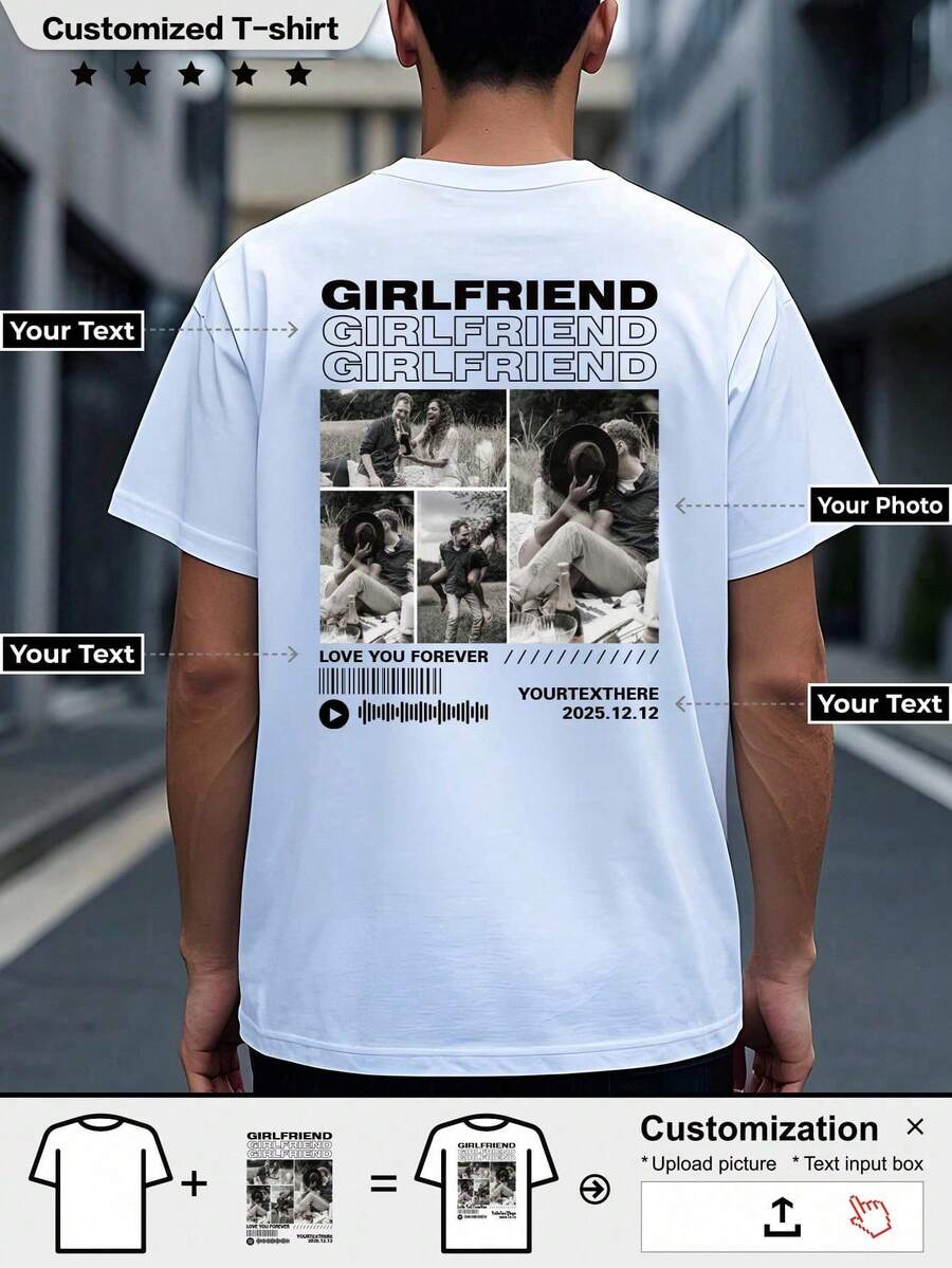 Customized Personalized T-Shirts, Men's Sports T-Shirts, Suitable As Valentine's Day Gifts - You Can Add Pictures (Girlfriend, Wife) To Design Your Own Personalized Printed T-Shirts - White - View 1