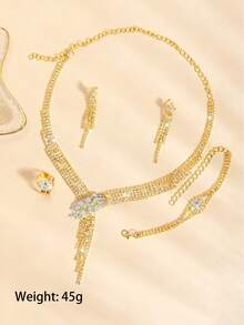 4件套闪亮奢华水晶首饰套装，包括项链、耳环、戒指和手链，时尚新娘婚礼派对礼服配饰 - 金色 - 查看 4