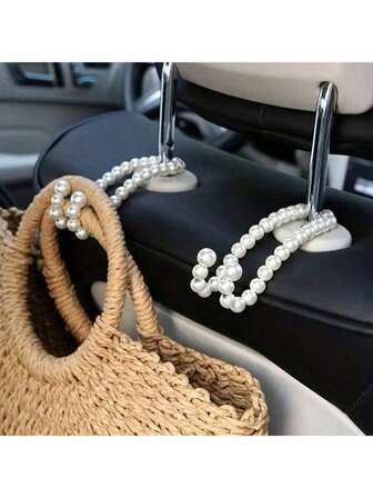 2pcs Luxury Beaded Car Seat Back Hooks, Multifunctional Stainless Steel Car Rear Seat Hanger Hooks