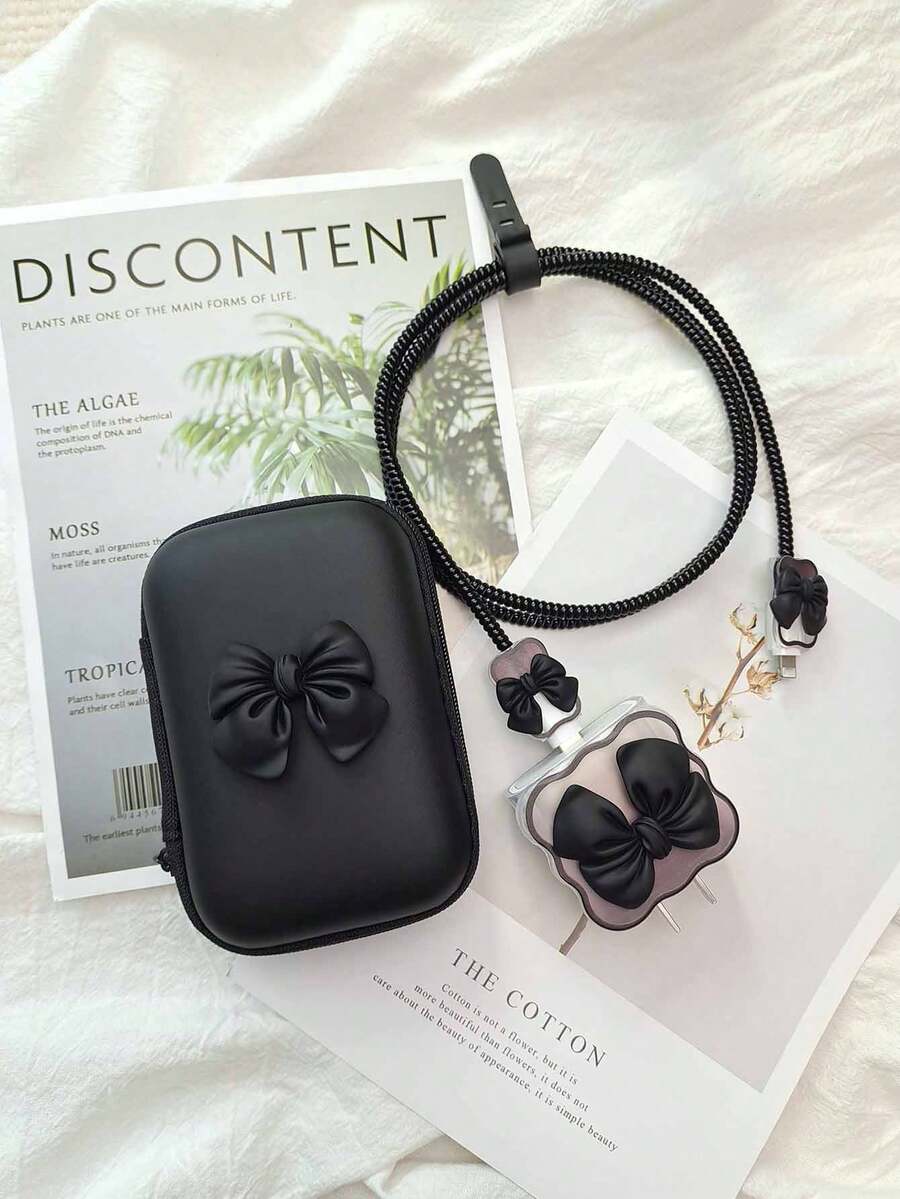 6pcs Bow Decor Data Cable Protector & Charger Head Cover & Storage Bag Set Cable Organizer - Black - View 1