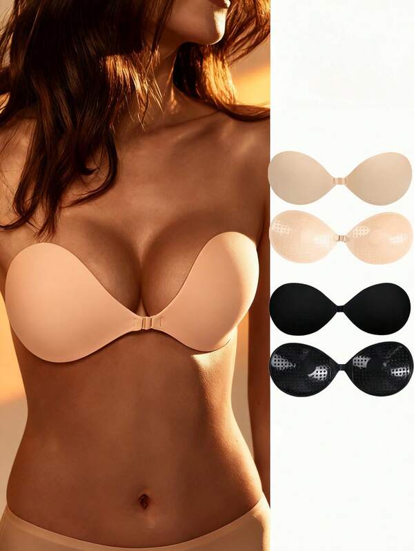 Women's Adhesive Strapless Backless Bra - Black & Skin Tone Silicone Push-Up Invisible Bras For Wedding, Party & Low-Cut Outfits