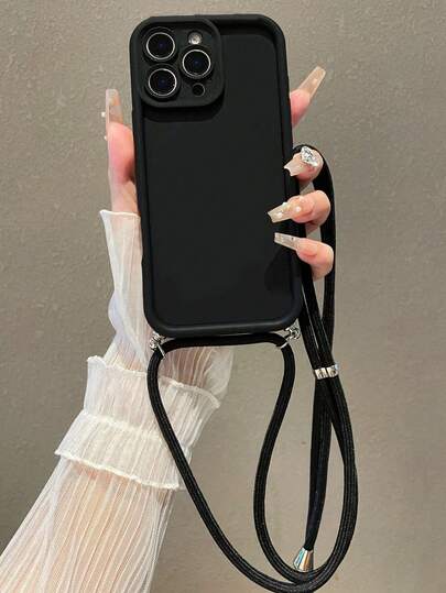 极简黑色挂绳式基础保护手机壳，单件装，直边圆角防摔全包摄像头保护套，带挂绳，兼容 7/8/7+/8+/11/11Pro/11ProMax/X/XR/XS/XS Max/12/12Pro/12ProMax/13/13Pro/13ProMax/14/14Pro/14ProMax/14+/15/15Pro/15+/15ProMax/16/16e/16+/16ProMax/16Pro以及S20/S21/S22/S23/S24/S25 Plus Ultra FE系列，舒适柔软，周年纪念/生日礼物，春季款，国际版，非国内版