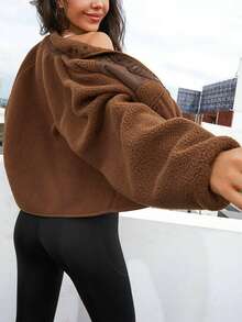 Women's Pellet Fleece Jacket,Soft Fuzzy Long Sleeve Short Winter Coat,Button Down Cozy Plush Outerwear - màu nâu - Xem 2