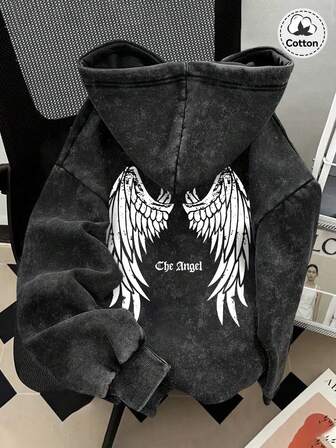 Męska bluza z kapturem i nadrukiem w stylu ulicznym, lekko elastyczna, z mieszanki spranej bawełny, z podszewką termiczną i zamkiem błyskawicznym, w kolorze czarnym