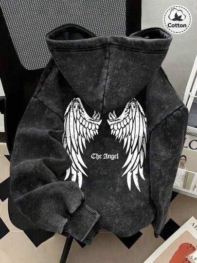 男士街头风翅膀图案连帽卫衣，略带弹力做旧水洗棉混纺保暖内衬拉链休闲外套，黑色