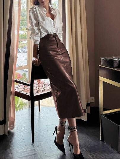 Elegante falda lápiz de cintura alta, ajustada y de cuero vintage para ir al trabajo y de viaje