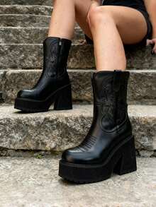 Fashion 2025 Gothic Women Platform Boots Square Toe High Heel Classic Chunky Goth Motorcycle Boots Halloween - 黑色-3 - 查看 2