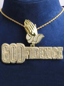 DUBSS 男士镶钻祈祷项链吊坠，5A级立方氧化锆镀金嘻哈风格饰品 - 銀色 - 查看 4