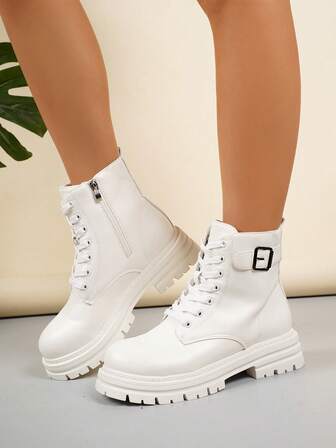 女士冬季系带厚底舒适软底保暖侧拉链皮带扣短筒靴，户外平底短靴