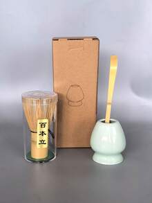 3pcs Matcha Set, Bamboo Whisk, Including Teaspoon, Ceramic Bowl, Traditional Tea Set, Home Tea Brewing Tools, Tea Set, Birthday Gift For Tea And Matcha Lovers