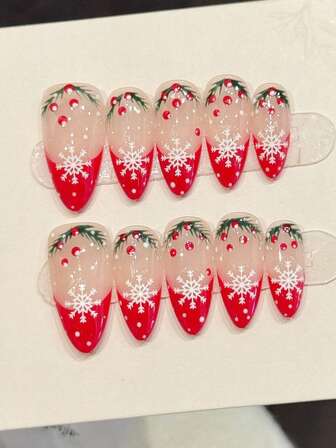 10pcs Medium-Length Almond-Shaped Nail Stickers, Red French Christmas Nails, Hand-Painted Christmas Cedar, Red Snowballs With White Polka Dots And Snowflakes, Press-On Nails, DIY Nail Supplies, Acrylic Press-On Nails