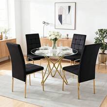 5-Piece Dining Table Set With 4 Black Chairs, 36" Round Dining Table & Chairs Set For 4, Circle Kitchen Table With Gold Metal Frame & Tempered Glass Top, Perfect For Small Space - 35.4吋圓桌+4張黑色椅子 - 查看 9