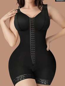 Women's High-Support Tummy Control Bodysuit - Seamless Shaping One-Piece With Front Snap Closure, Waist Cinching & Buttock Lifting, Beige Solid Color, No Padding, Hand Wash Only, Tummy Control Shapewear, Body Shaping Wear, Elegant Design, Smooth Fabric - màu đen - Xem 1