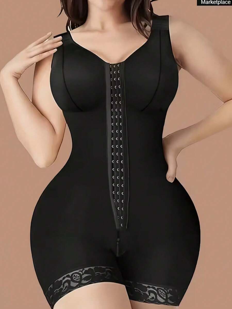 Women's High-Support Tummy Control Bodysuit - Seamless Shaping One-Piece With Front Snap Closure, Waist Cinching & Buttock Lifting, Beige Solid Color, No Padding, Hand Wash Only, Tummy Control Shapewear, Body Shaping Wear, Elegant Design, Smooth Fabric - 黑色 - 查看 1
