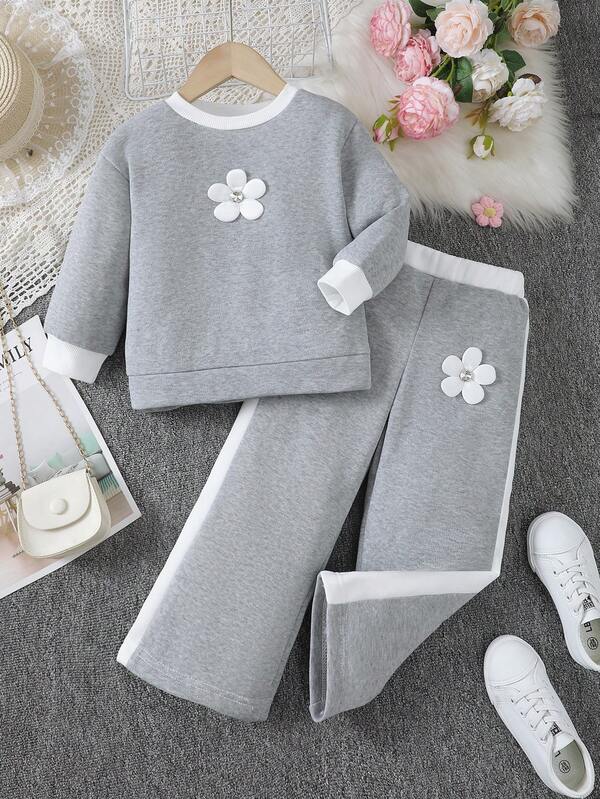 Girls' Autumn/Winter 2pcs Set, Fashionable Elegant Casual Contrast Color Splicing Design, 3D Handmade Floral Decor Long-Sleeve Crew Neck Pullover Top + Pants With Striped Trim For Daily Outdoors