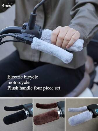 4pcs Winter Electric Bicycle/Motorcycle Handlebar Covers, Plush, Warm And Anti-Slip