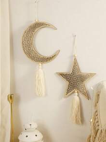 1pc Moon Phase Wall Decor, Moon, Star & Lantern Shaped Hanging Ornament With Tassels, Wooden Boho Style Wall Art, Boho Home Decor, Suitable For Living Room & Bedroom, Mysterious & Minimalist Wall Hanging, Home & Party Decoration, Holiday Decor - Multicolor - View 12