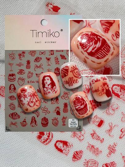 A Tea Party Nail Sticker With Embossed Laser Technology, Sweet And Retro, Featuring Elements Such As Desserts, Coffee, Fruits, Etc., Suitable For Personal DIY And Nail Salon Use