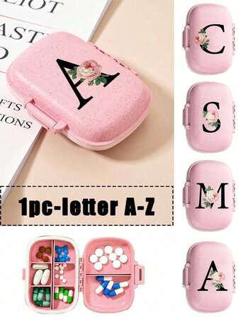 Bärbar medicinlåda med 8 celler, dammtät och fukttät, förvaringslåda för medicin med 8 fack, tryckt med rosa rosor och kreativ bokstavsdesign, reseförpackning med A-Z-initialer, bärbart pillerfodral med 8 fack, daglig pillerlåda för vitaminer, liten pillerbehållare för fickväska, medicinorganisatör, förvaringsfodral med bokstavs-ID-berlock, nödvändigheter för resor och återkomst till skolan, lärardagspresenter