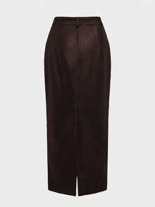 优雅通勤及商务复古皮革高腰修身铅笔裙 春季 - 棕色 - 查看 7