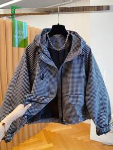 2025 New Autumn Women Plaid Hooded Jacket, Loose Fit Versatile Short Windbreaker Coat