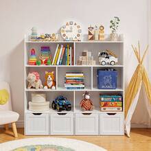 Asofer Kids Bookcase Cabinet And Toy Storage ,Wooden Toddler Bookshelf With Toy Storage Organizer,Book Shelf  With 8 Open Shelves And 4  Drawers With Hidden Wheels For Playroom Nursery Kids Room, White - White - View 6