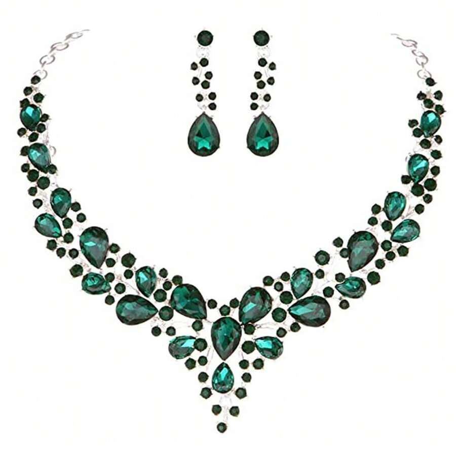 Clear Crystal Rib Statement Necklace Earrings Set Spark Rhinestone Women Jewelry Set Chunky Bridal Teal Crystal Drop Accessories For Ladies And Bridesmaids{Inchcolor_nameinch:InchGreeninch} - Green - 查看 1