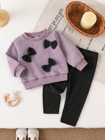 2件套女婴时尚休闲蝴蝶结装饰罗纹圆领长袖抓绒卫衣和修身针织面料打底裤套装