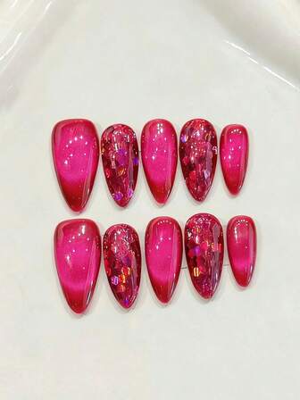 10 piezas de uñas postizas de almendra hechas a mano para fiestas y uso diario, color rosa y blanco, uñas blancas, uñas de almendra, ojos de gato de rubí rosa, unicolor simple, fácil de usar. 10 piezas de uñas postizas hechas a mano estilo "Clean and Gentle Wind", adecuadas para fiestas, festivales y uso diario de niñas y mujeres.