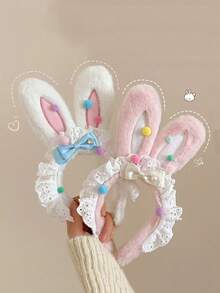 1pc Valentine's Day Gift Cute Bow Bunny Ear Plush Headband With Lace Trim, Plush Fabric, Lace Trim, Colorful Beads, Bow Design, Decorative Headband To Enhance Hairstyles And Create A Sweet Atmosphere, Some Designs (Like Lace, Beads) Also Have The Effect Of Covering Hair Gaps And Shaping The Head