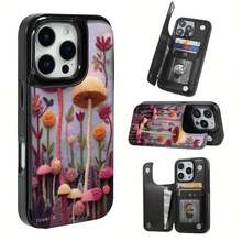 Fleece Mushroom Forest Language patterned, The practical TPU phone case with pattern design features a card slot and multiple functions such as bank cards and public transportation cards. It is suitable for iPhone16promax, 16 15pro 14PLUS, 13 12Pro - ブラック - チェックする 11