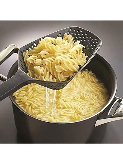 Durable Slotted Spoon And Pasta Funnel Set With Ergonomic Handles - Heavy Duty Black Kitchen Tool, Large Holes For Efficient Straining, Cooking, Baking, Serving - Dishwasher , Spill-Proof, Suitable For Pasta, Soups, Vegetables, Rice - Multifunctional Strainer Spoon