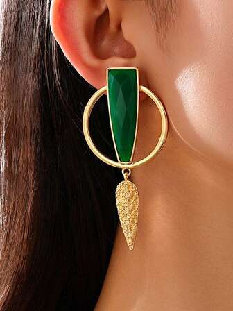 Hegaze 1 par de pendientes creativos de mujer con diseño geométrico de círculo hueco y cuadrado verde de metal de varios elementos
