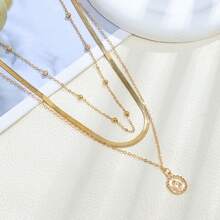 Simple Three-Layer Round Necklace Multilayer Snake Lotus Pendant Multilayer Gold Bead Disc Necklace - Vàng - Xem 6
