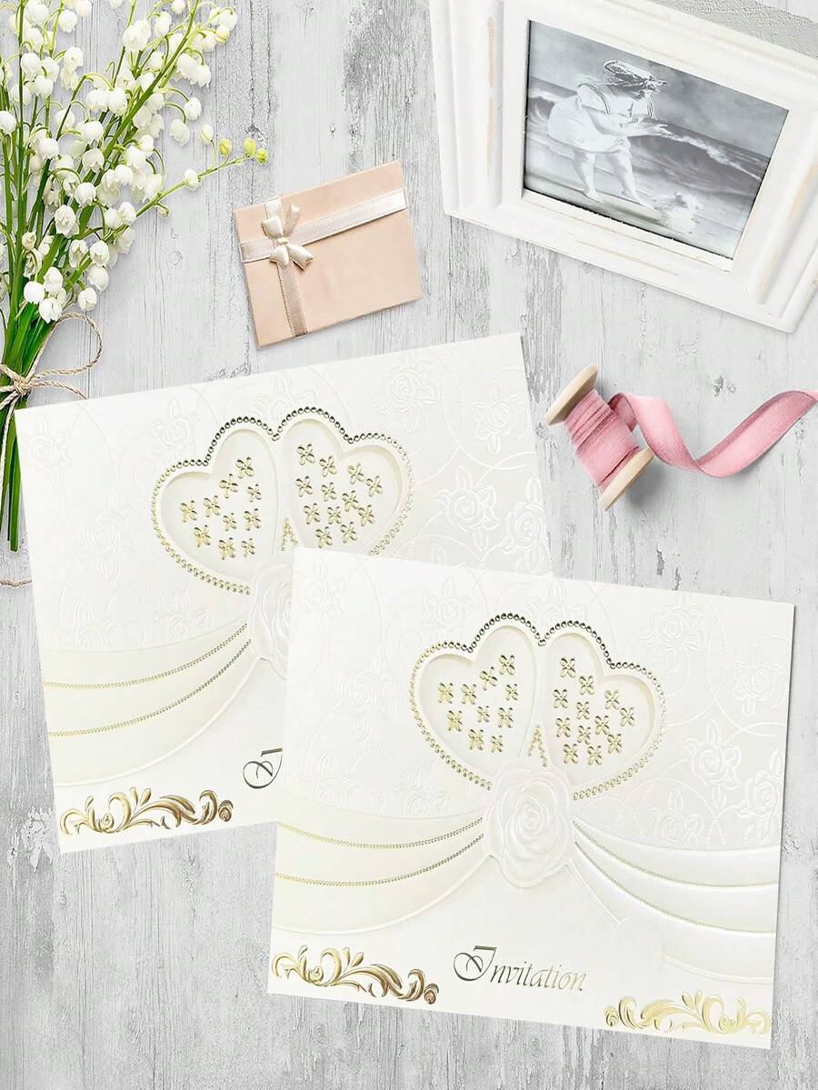 5/10张象牙白爱心三叶草婚礼邀请函，三折激光切割邀请函，新娘送礼会、订婚、十五岁生日、生日、乔迁、毕业典礼、邀请函 - 彩色 - 查看 1