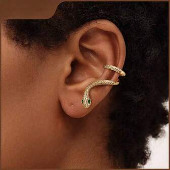 绿眼蛇骨夹式耳环，独特简约风格，时尚精致奢华左耳耳夹