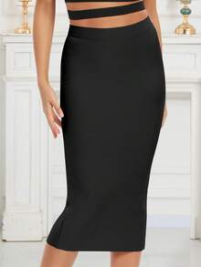 Women's Sexy Back Slit Long Bodycon Skirt - Black - View 2