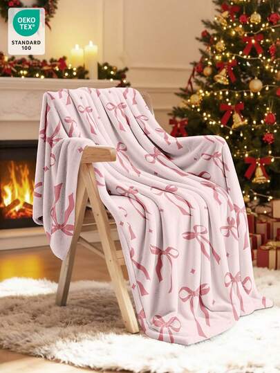 1pc Flannel Throw Blanket - The First Choice For Room Decoration, Super Soft, Lightweight, Cartoon Print, Perfect For Home, A Daily, Birthday Gift For Friends, Family, Yourself, Cozy And Warm Blanket, Soft And Easy Care, Cute Style, Cartoon Pink Bow Pattern, Multi-Purpose Blanket, Autumn Decor, Room Decor, Back To School, Blanket, Oeko-Tex