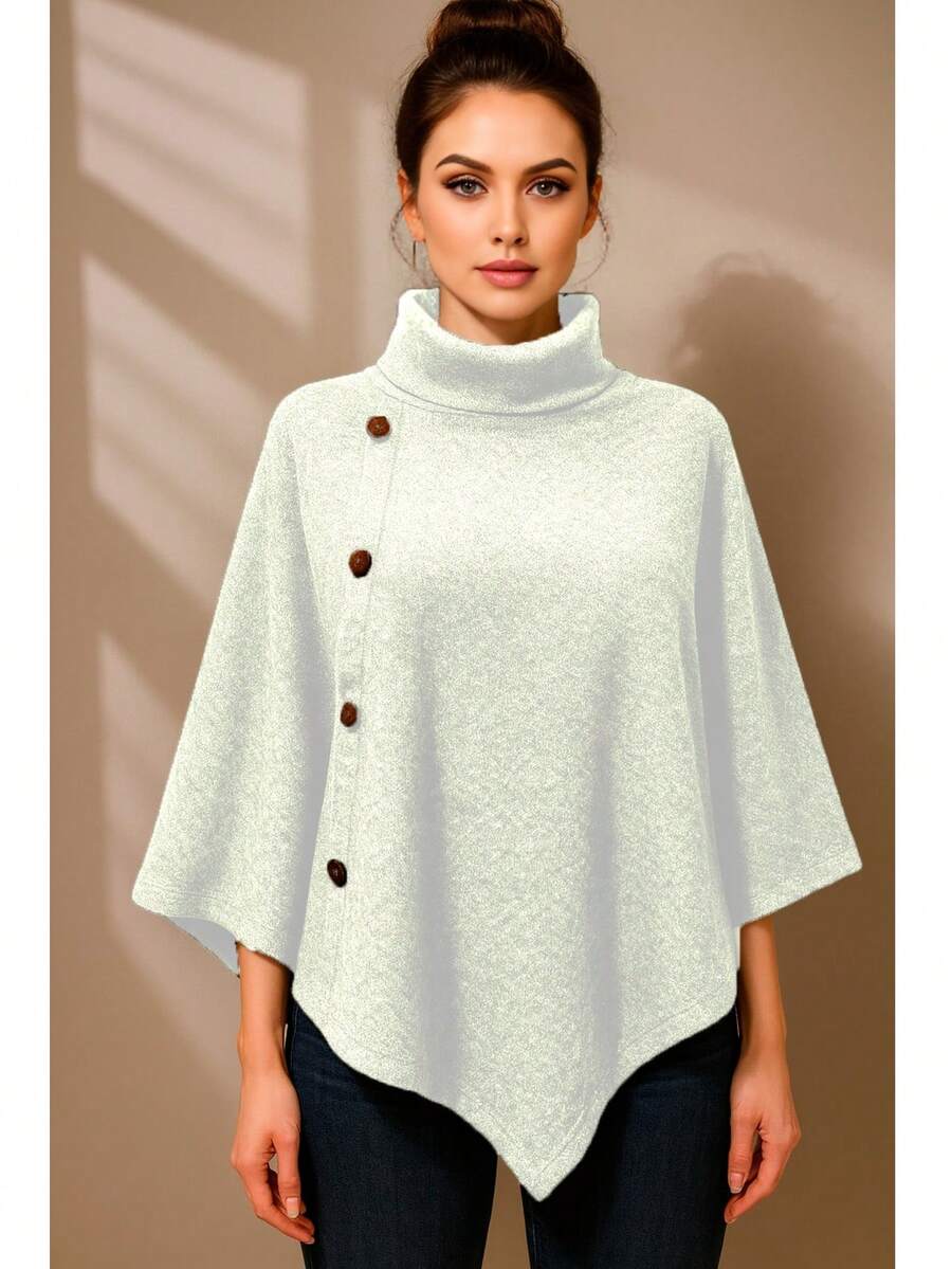 Poncho De Mujer Tejido De Punto, Comodo Con Detalle de Botones en Manga