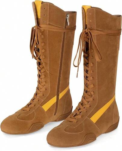 Womens Suede Lace Up Tall Boxing Boots - Retro Style Knee-High Streetwear Fashion Sneakers With Zipper, Non-Slip Sole