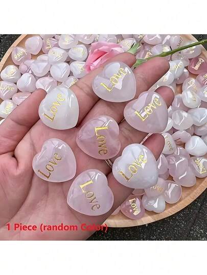 1pc Natural Rose Quartz Heart-Shaped Power Stone "LOVE" Carved Ornament, Golden Pattern Crystal Craft Special Jewelry Decor, Gift For Someone, Natural Crystal Will Have Chromatic Aberration, Irregular Cracks, And Small Chips