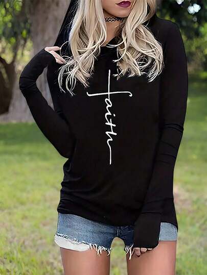 Plus Size Women's Minimalist Letter Print Black Hoodie