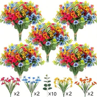 18枝仿真花束，绿色尤加利混合户外春季绿植 - 非常适合室内/室外家居装饰、花园、门廊、婚礼DIY和农舍风格，不易褪色的仿真花（混合颜色），人造户外花卉