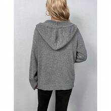Women's Button Front Drawstring Hooded Cardigan - Drop Shoulder Long Sleeve Knit Sweater For Fall & Winter Daily Wear  Button Front    Long Sleeve - Negro - Ver 3