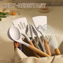 12pcs/Set Silicone Cooking Utensils Set For Kitchen, Heat Resistant Non-Stick Cooking Set With Wooden Handle Spatula Turner Spoon Tongs Whisk - Multicolor - View 6