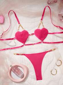 全新黑色爱心金属链情趣内衣性感丁字裤女士情趣内衣两件套 - 玫紅色 - 查看 10